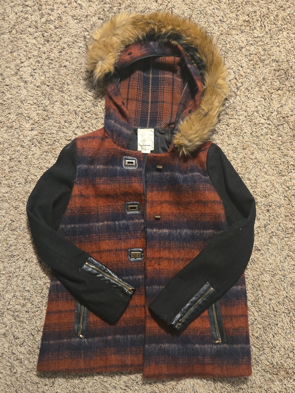 elevenses Rust & Navy Plaid Hooded Pea Coat with Faux Fur Trim